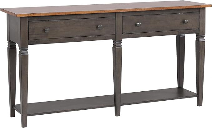 62 in. Dakota Solid Wood Console Table with Drawers & Storage Shelf, Distressed Brown & Ash Gray