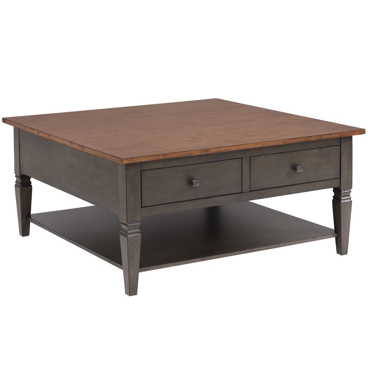 42 in. Dakota Solid Wood Square Coffee Table with Drawers & Storage Shelf, Distressed Brown & Ash Gray -  Fine-line, FI4448563