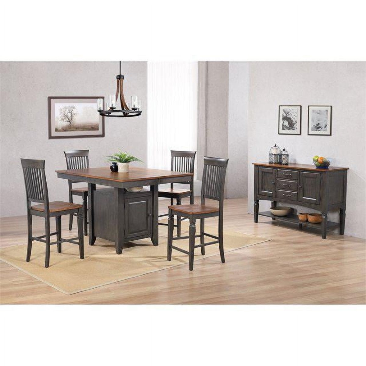 42-54 in. Dakota Counter Height Extendable Wood Pub Dining Table Set with Built in Storage - 4 Stools, Distressed Brown & Ash Gray - 5 Piece -  Fine-line, FI4448577