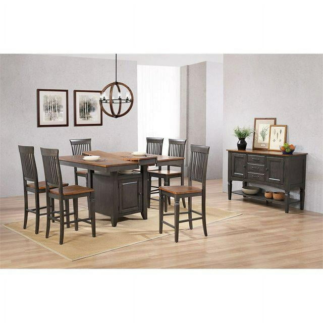 42-54 in. Dakota Counter Height Extendable Wood Pub Dining Table Set with Built in Storage - 6 Stools, Distressed Brown & Ash Gray - 5 Piece