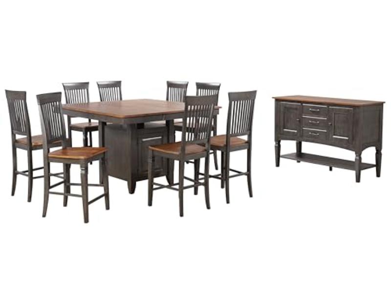 42-54 in. Dakota Counter Height Extendable Wood Pub Dining Table Set with Built in Storage - 8 Stools, Distressed Brown & Ash Gray - 5 Piece