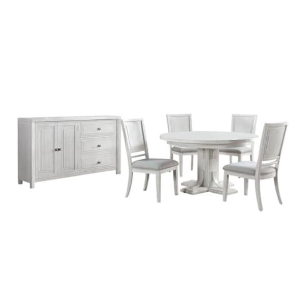 Picture of Sunset Trading AG-638-072-900-8946P 54 to 72 in. Dover Round Oval Expanding Pedestal Dining Table Set with Storage Sideboard&#44; Cerused White Oak Wood - 6 Piece
