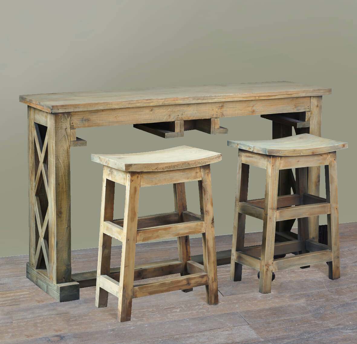 CC-TAB246S-DW 36 x 60 x 14 in. Cottage Rectangular Narrow Counter Height 3 Piece Dining Table Set with Backless Barstools, Driftwood Brown