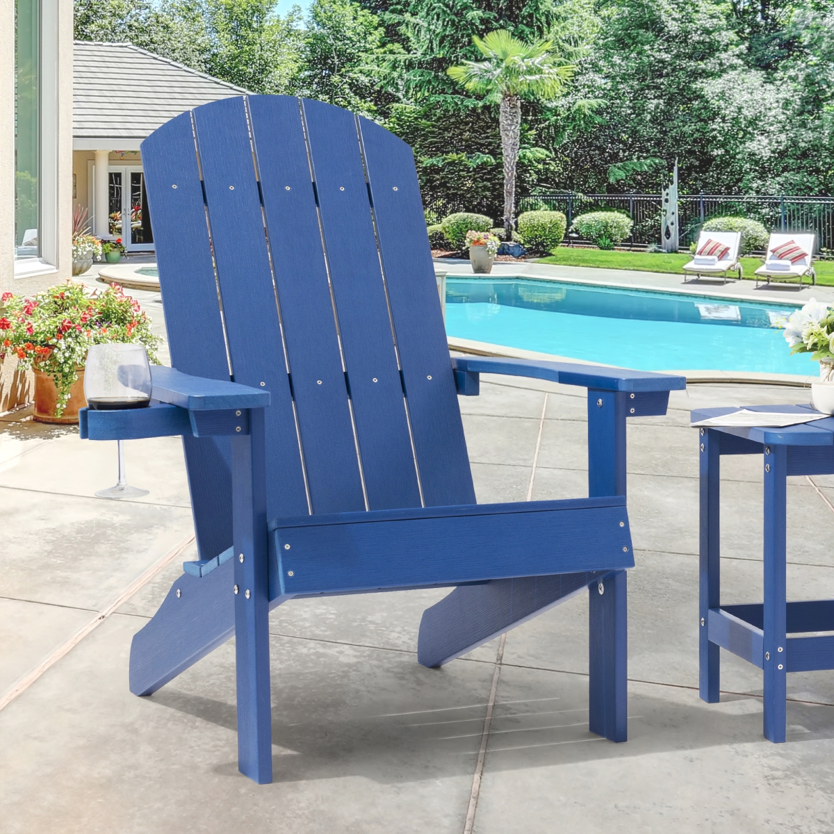 Picture of SANLUCE UN-AC-01-NY Navy Blue Recyled Plastic Weather Resistant Adirondack Chair with Cup Holder