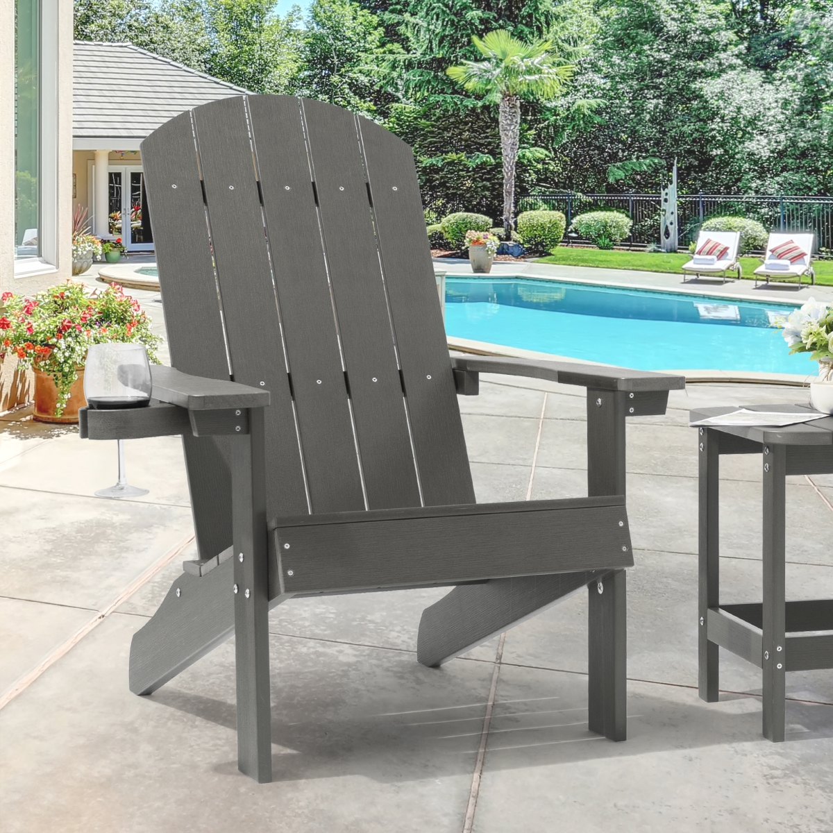 Picture of SANLUCE UN-AC-03-GY Charcoal Gray Recyled Plastic Weather Resistant Adirondack Chair with Cup Holder