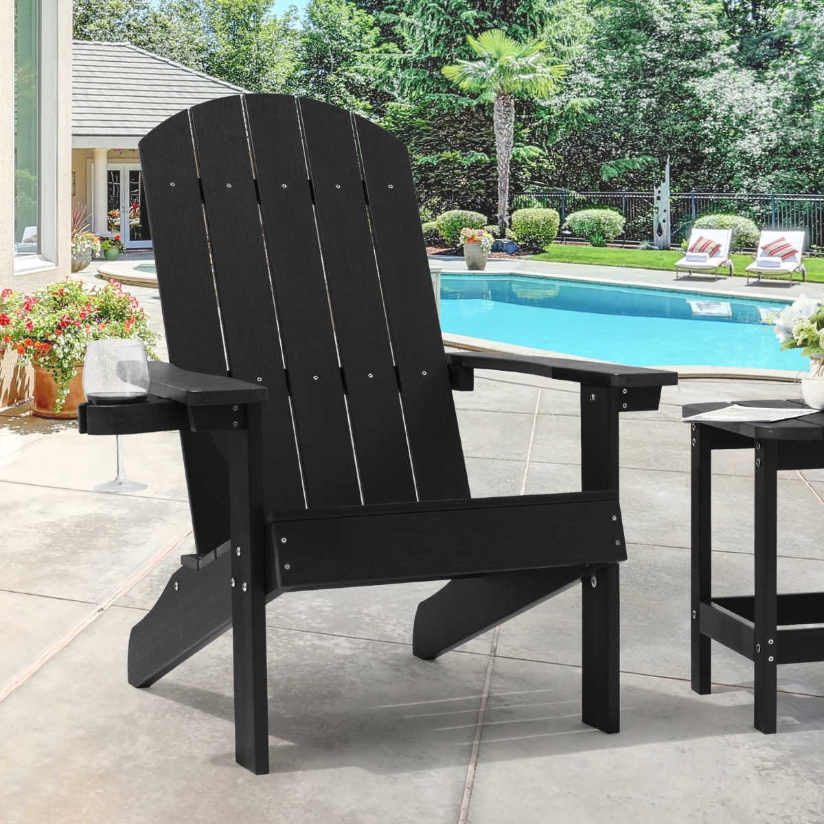 Picture of SANLUCE UN-AC-07-BK Black Recyled Plastic Weather Resistant Adirondack Chair with Cup Holder