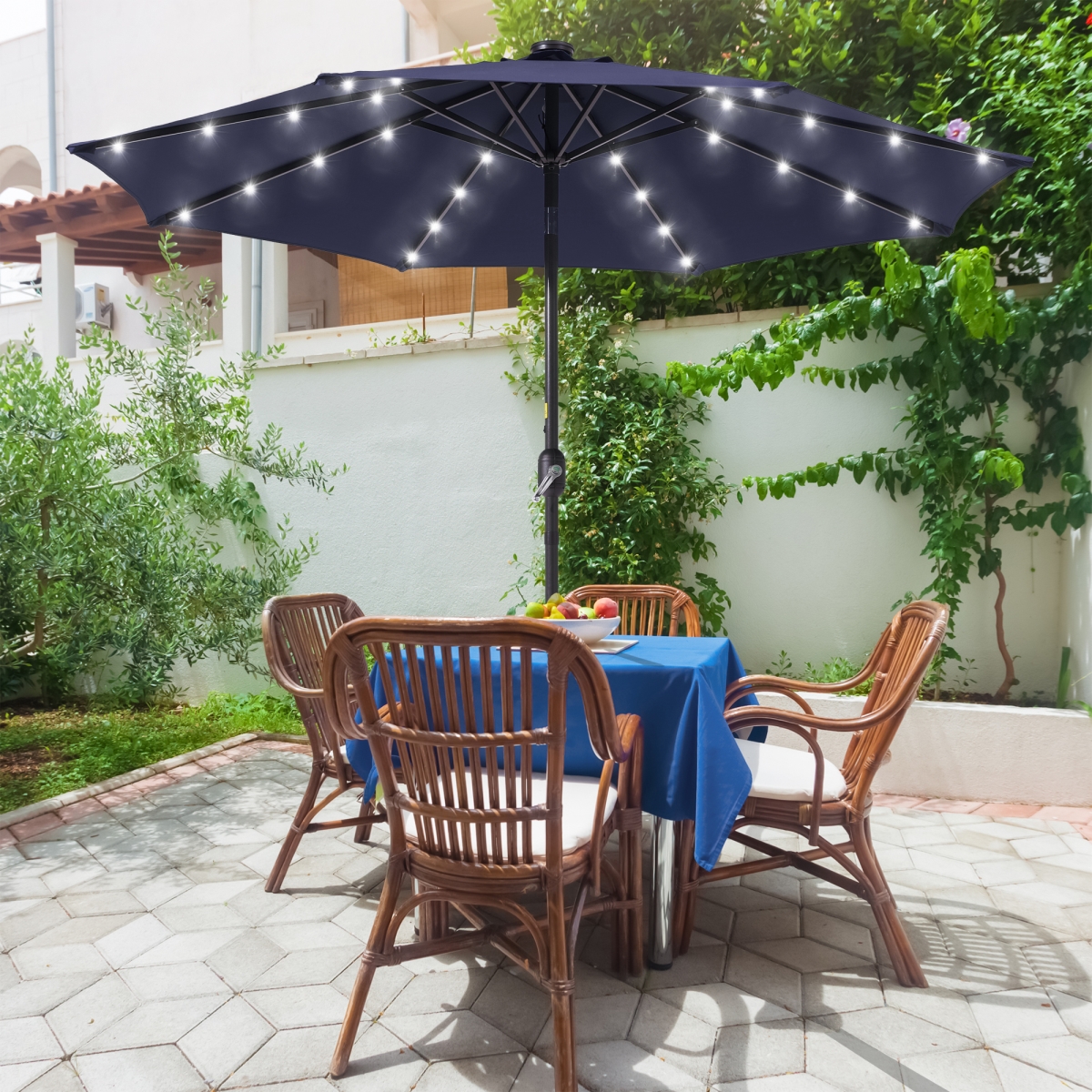 UN-09L-LED 9 ft. Solar Lighted LED Outdoor Patio Market Table Umbrella in Navy Blue, UV-Resistant Canopy and Tilt Button -  SANLUCE