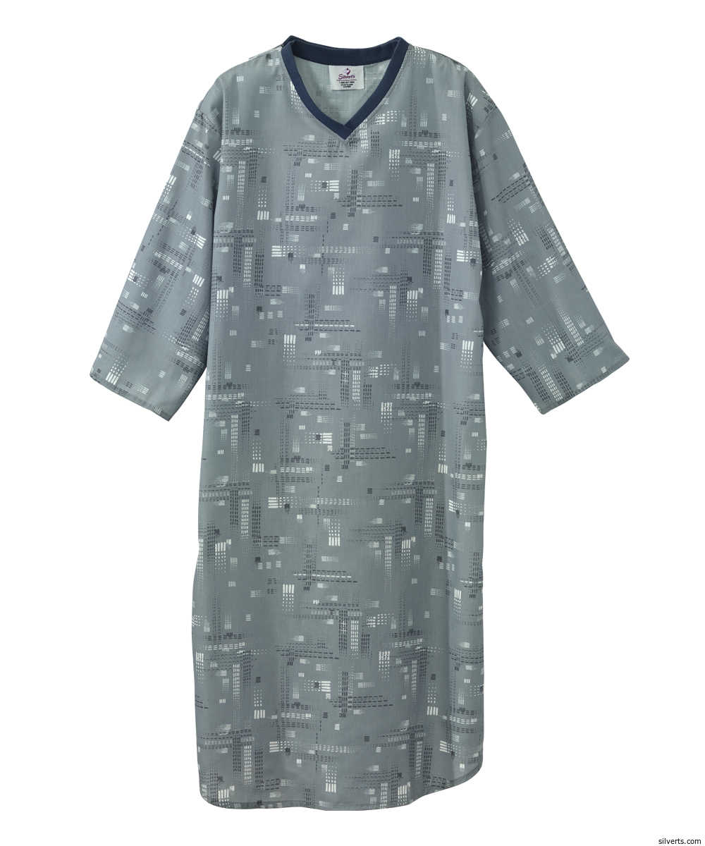 Picture of Silverts 500502304 Mens Adaptive Poly-Cotton Hospital Patient Nightgowns for Open Back & Snap Back&#44; Gray & White - Large