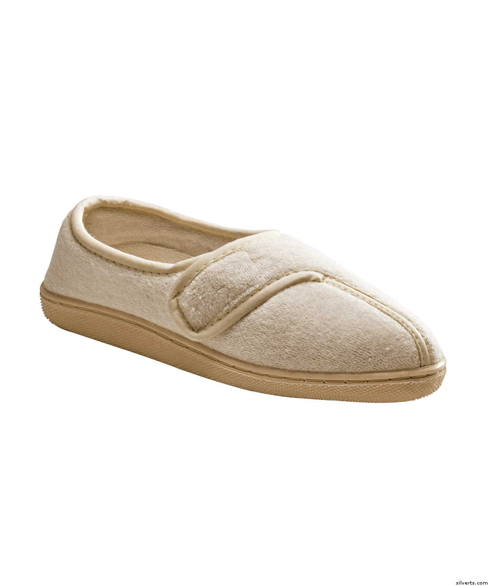Picture of Silverts 103600601 Womens Adaptive Arthritis Easy Closure Terry Cloth Slippers, Taupe - Small