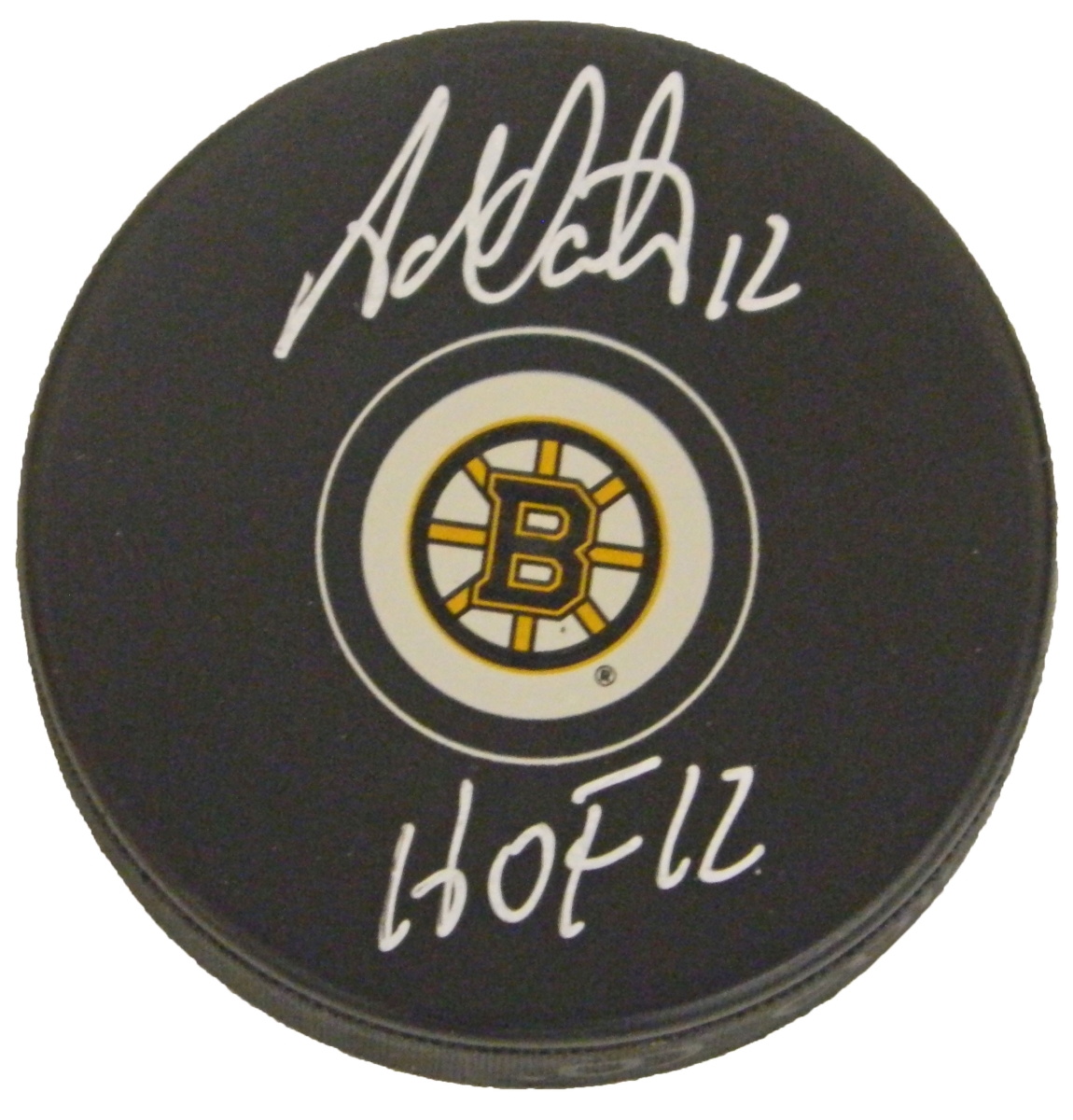 OATPUC400 Adam Oates Signed Boston Bruins Logo Hockey Puck with HOF 12