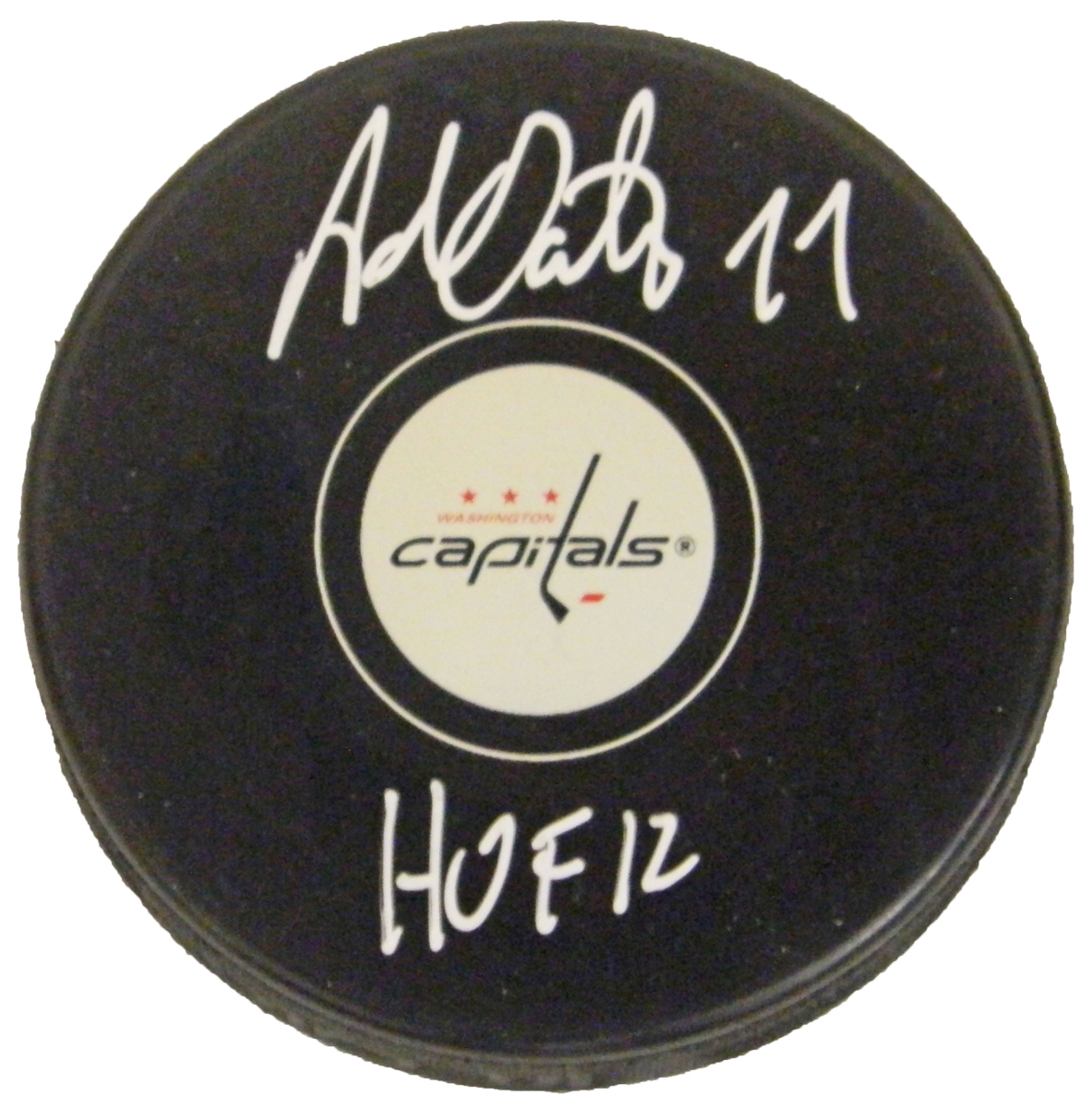 OATPUC401 Adam Oates Signed Washington Capitals Logo Hockey Puck with HOF 12