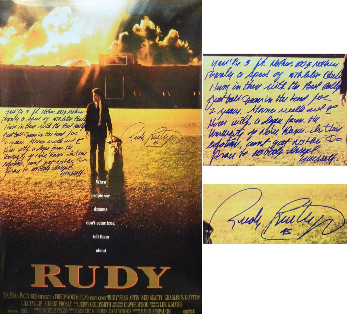 RUEPST304 24 x 36 in. Rudy Ruettiger Signed Rudy Full Size Movie Poster with Five Foot Nothing Full Quote -  Schwartz Sports Memorabilia