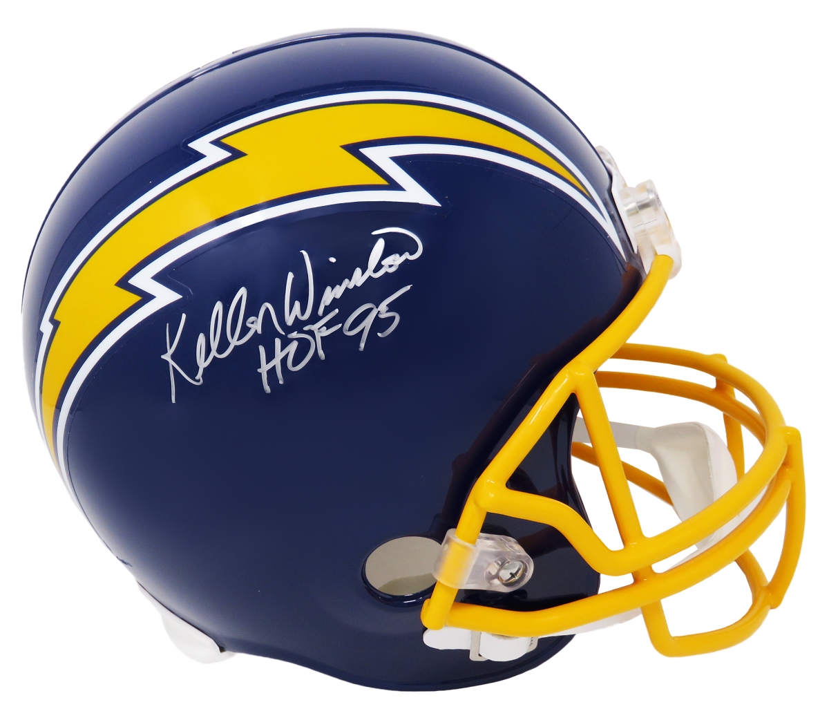 Picture of Schwartz Sports Memorabilia WINREP300 Kellen Winslow Signed San Diego Chargers Navy Throwback Riddell Full Size Replica Helmet with HOF95