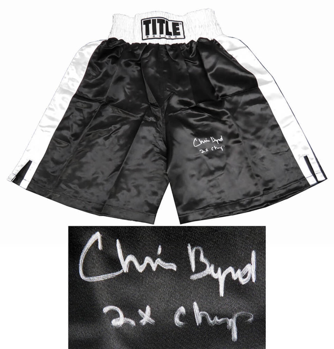 Picture of Schwartz Sports Memorabilia BYRTRU500 Chris Byrd Signed Title Black Boxing Trunks with 2x Champ Inscription
