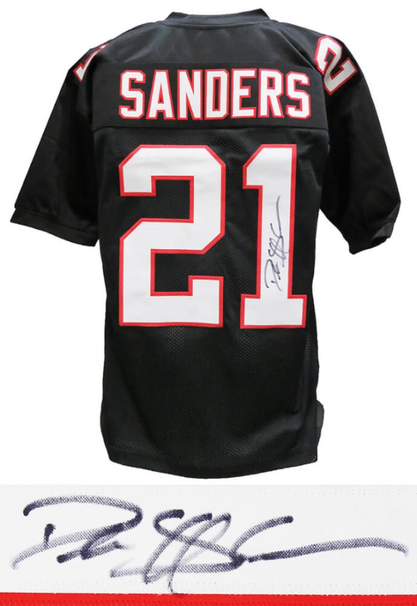 Picture of Schwartz Sports Memorabilia SANJRY352 NFL Atlanta Falcons Deion Sanders Signed Black Throwback Custom Football Jersey