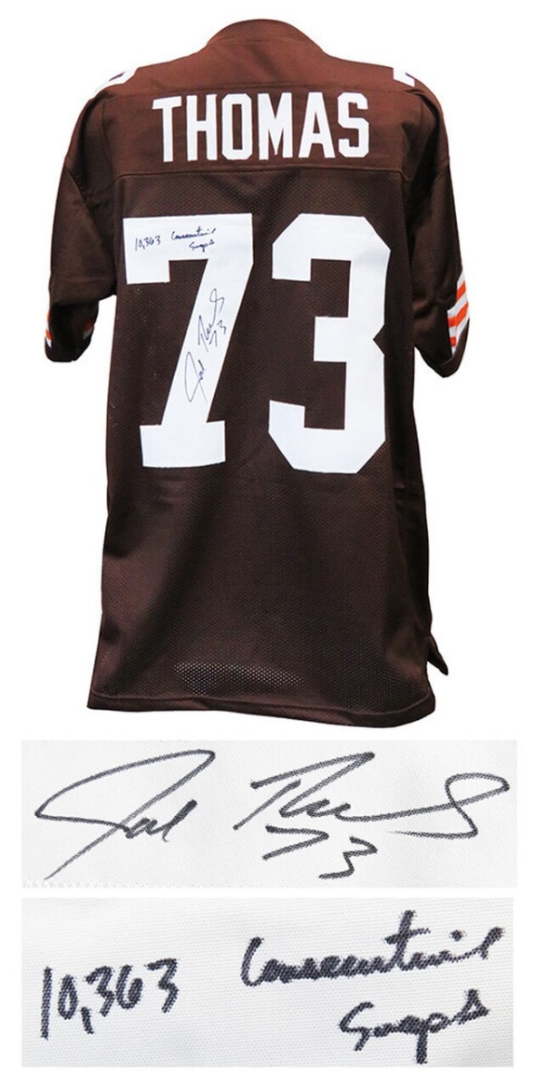 Picture of Schwartz Sports Memorabilia THOJRY325 NFL Cleveland Browns Joe Thomas Signed Brown Custom Jersey with 10, 363 Consecutive Snaps Inscription