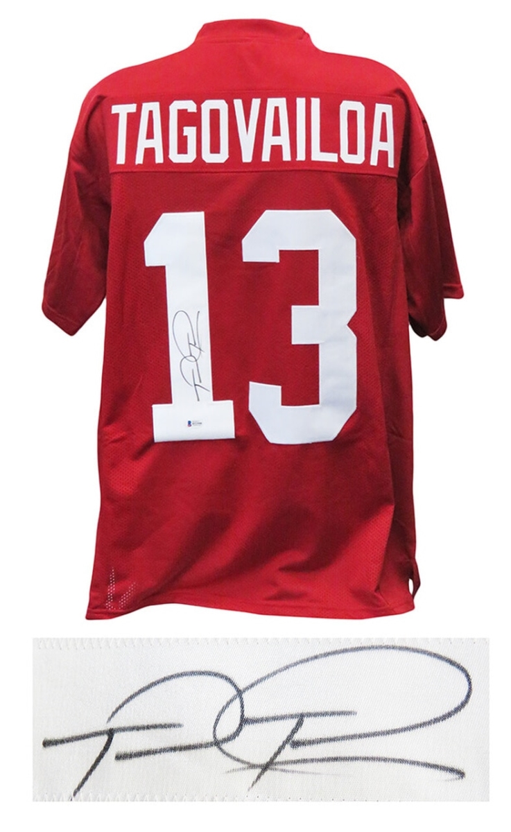 Picture of Beckett Authentication TAGJRY300 NCAA Alabama Crimson Tide Tua Tagovailoa Signed Red Custom College Football Jersey - Beckett Authentication Authentication