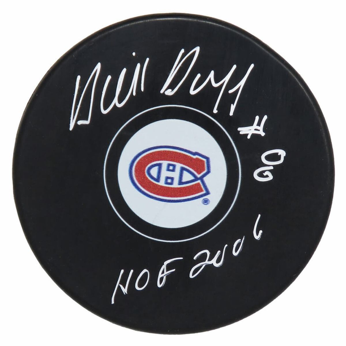 Picture of Schwartz Sports Memorabilia DUFPUC404 Dick Duff Signed Canadians Logo Hockey Puck with HOF 2006&#44; Black & White