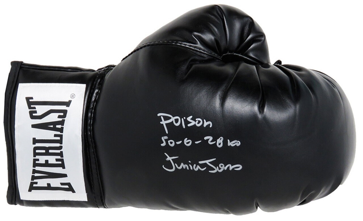 Picture of Schwartz Sports Memorabilia JONGLV534 Junior Jones Signed Everlast Black Boxing Glove with Poison&#44; 50-6&#44; 28 KOs Inscription