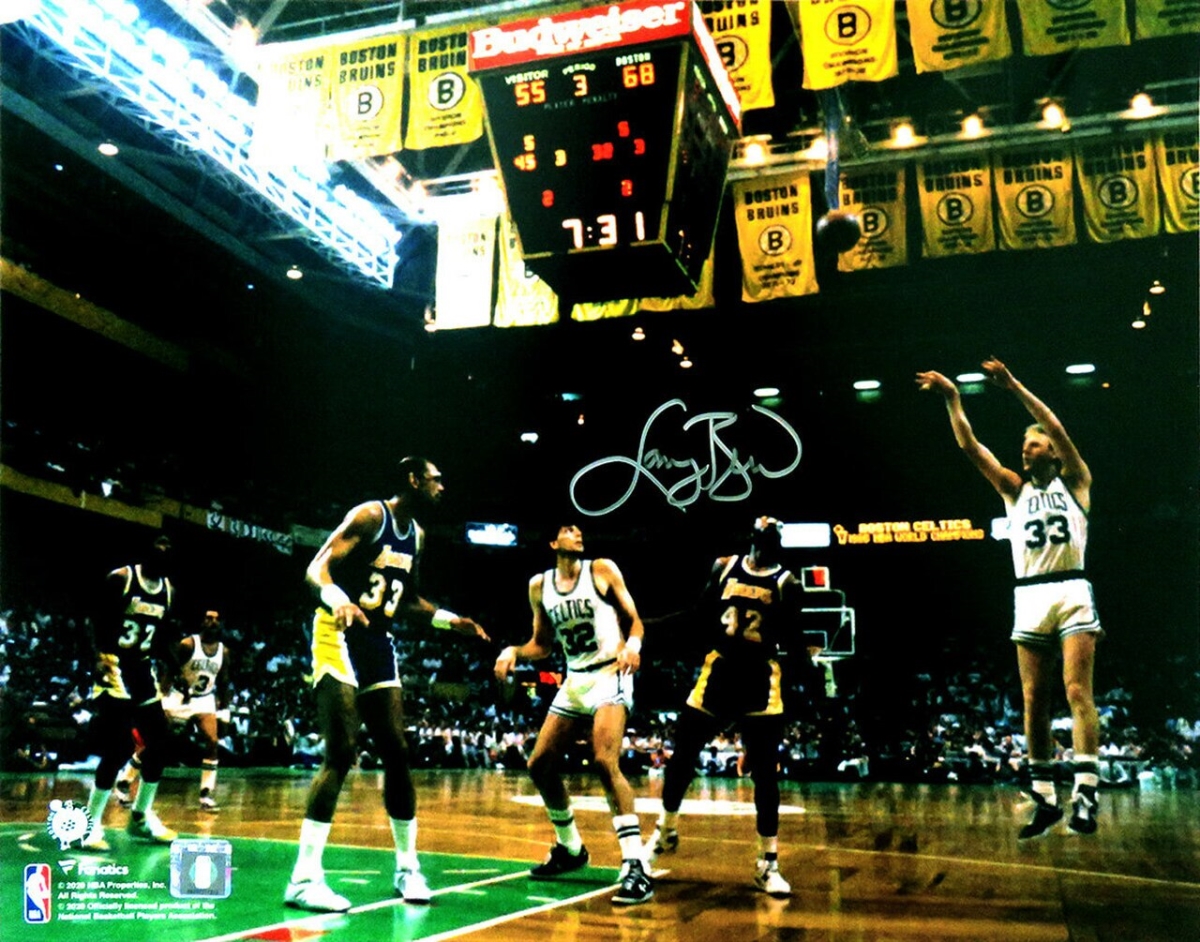BIR16P252 16 x 20 in. NBA Boston Celtics Larry Bird Signed 3-Pt Shot vs Lakers Action Photo