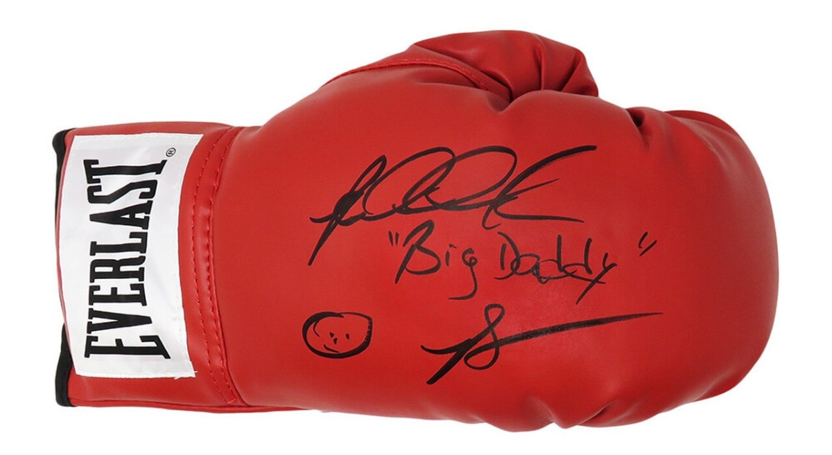 Picture of Schwartz Sports Memorabilia BOWGLV502 Riddick Bowe Signed Everlast Red Boxing Glove with Big Daddy Inscription