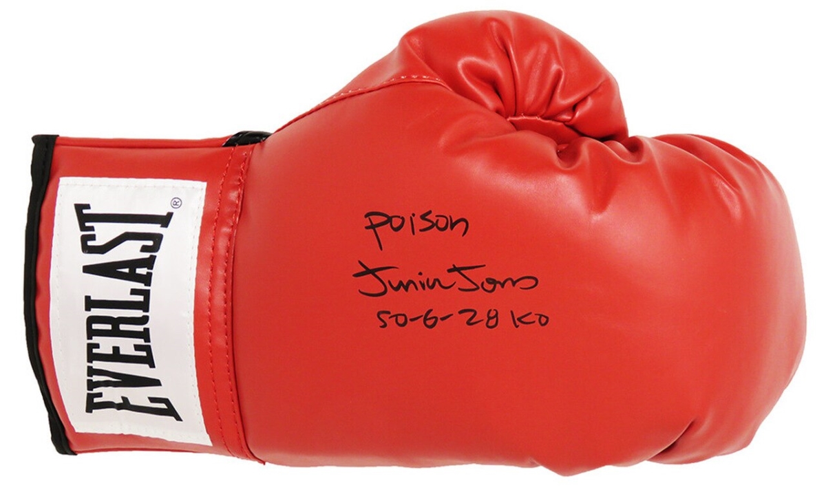 Picture of Schwartz Sports Memorabilia JONGLV532 Junior Jones Signed Everlast Red Boxing Glove with Poison&#44; 50-6&#44; 28 KOs Inscription