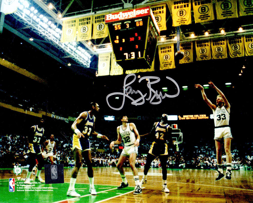 BIR08P217 8 x 10 in. NBA Boston Celtics Larry Bird Signed 3-Point Shot vs Lakers Action Photo