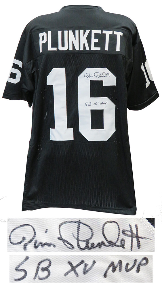 Picture of Schwartz Sports Memorabilia PLUJRY304 Jim Plunkett Signed Black Custom Jersey with SB XV MVP Inscription