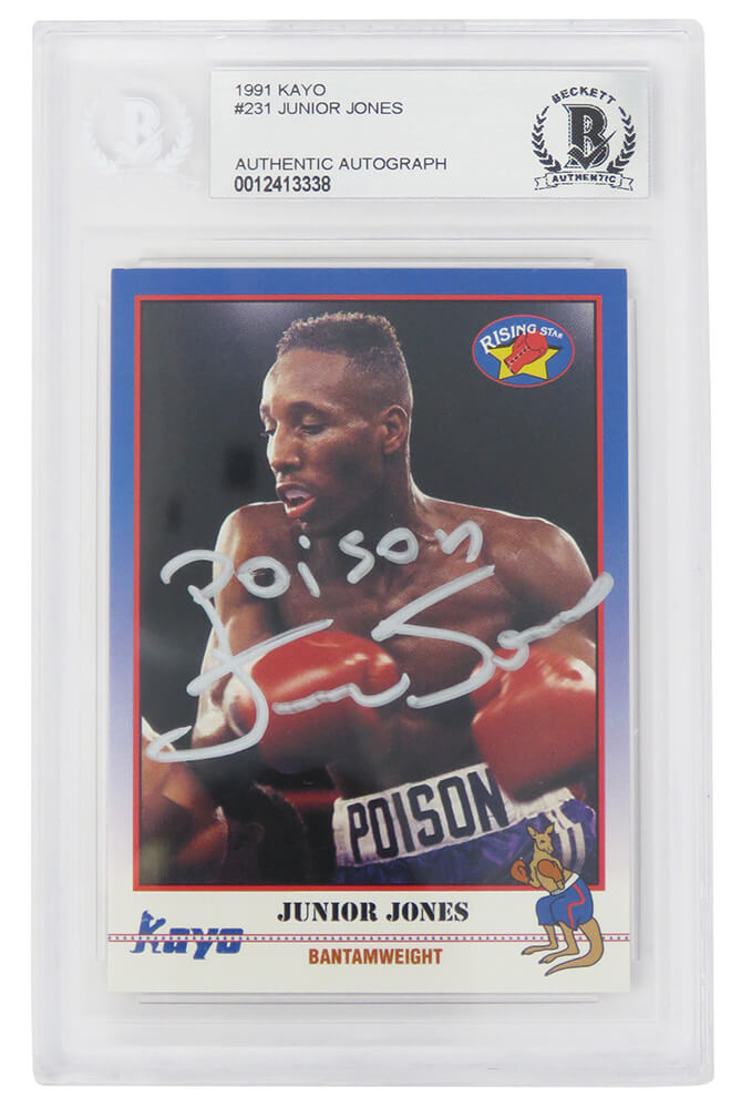 Picture of Beckett Authentication JONCAR510 No. 231 Junior Jones Signed 1991 Kayo Boxing Card with Poison - Beckett Encapsulated
