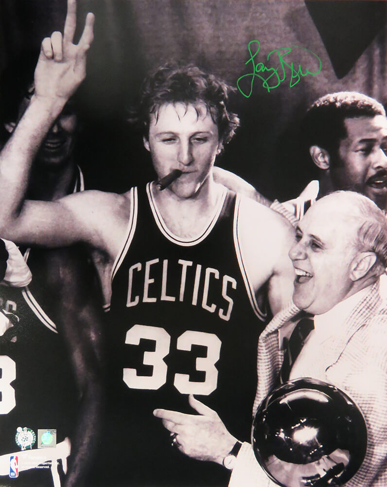 BIR16P253 Red Auerbach B&W Basketball 16 x 20 in. Photo with Larry Bird Signed Boston Celtics Cigar Celebration