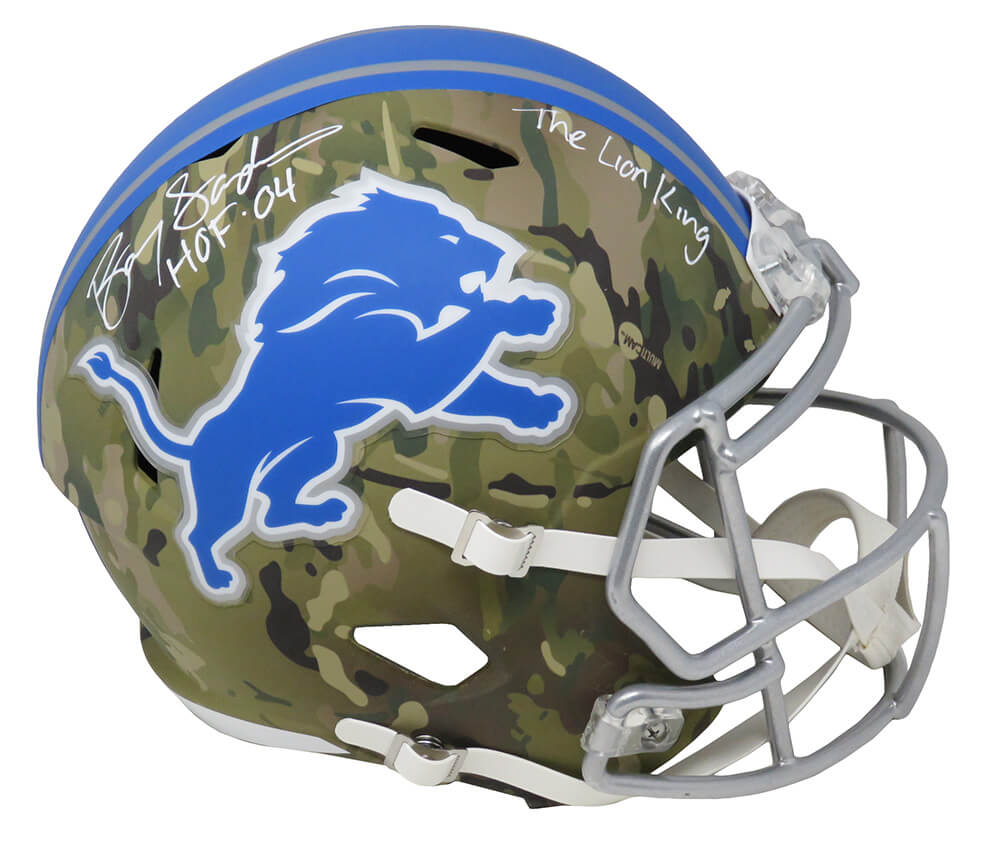 Picture of Schwartz Sports Memorabilia SANREP339 Barry Sanders Signed Detroit Lions CAMO Riddell Speed Full Size Replica Helmet with HOF 04 - The Lion King