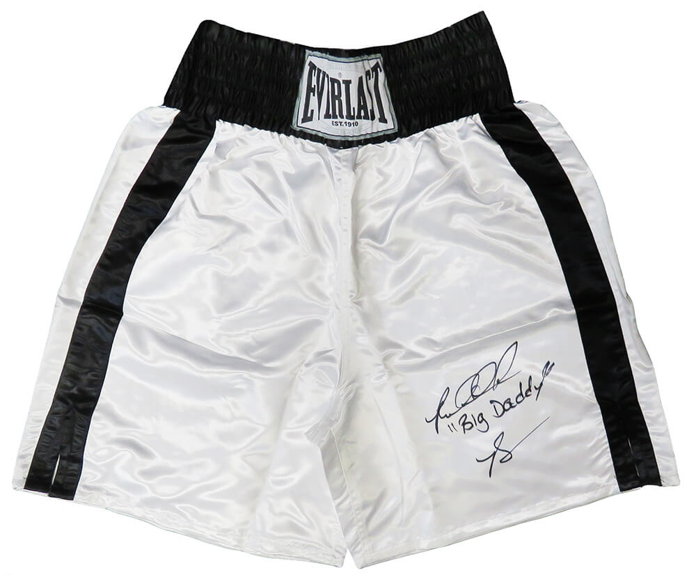 Riddick Bowe Signed Everlast Boxing Trunks with Big Daddy, White