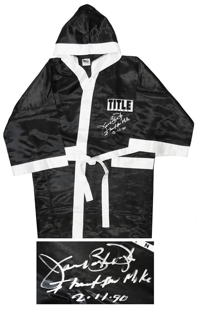 DOUROB502 James Buster Douglas Signed Title Boxing Robe with I Beat Iron Mike 2-11-90, Black