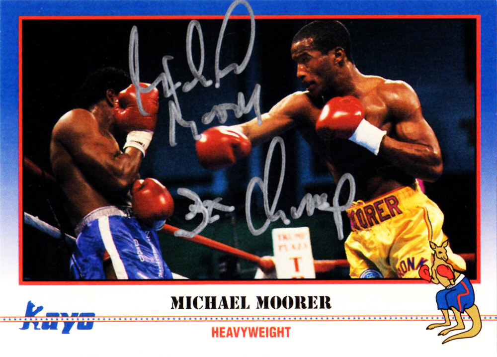 MOOCAR505 Michael Moorer Signed 1991 Kayo Boxing No.207 Trading Card with 3x Champ