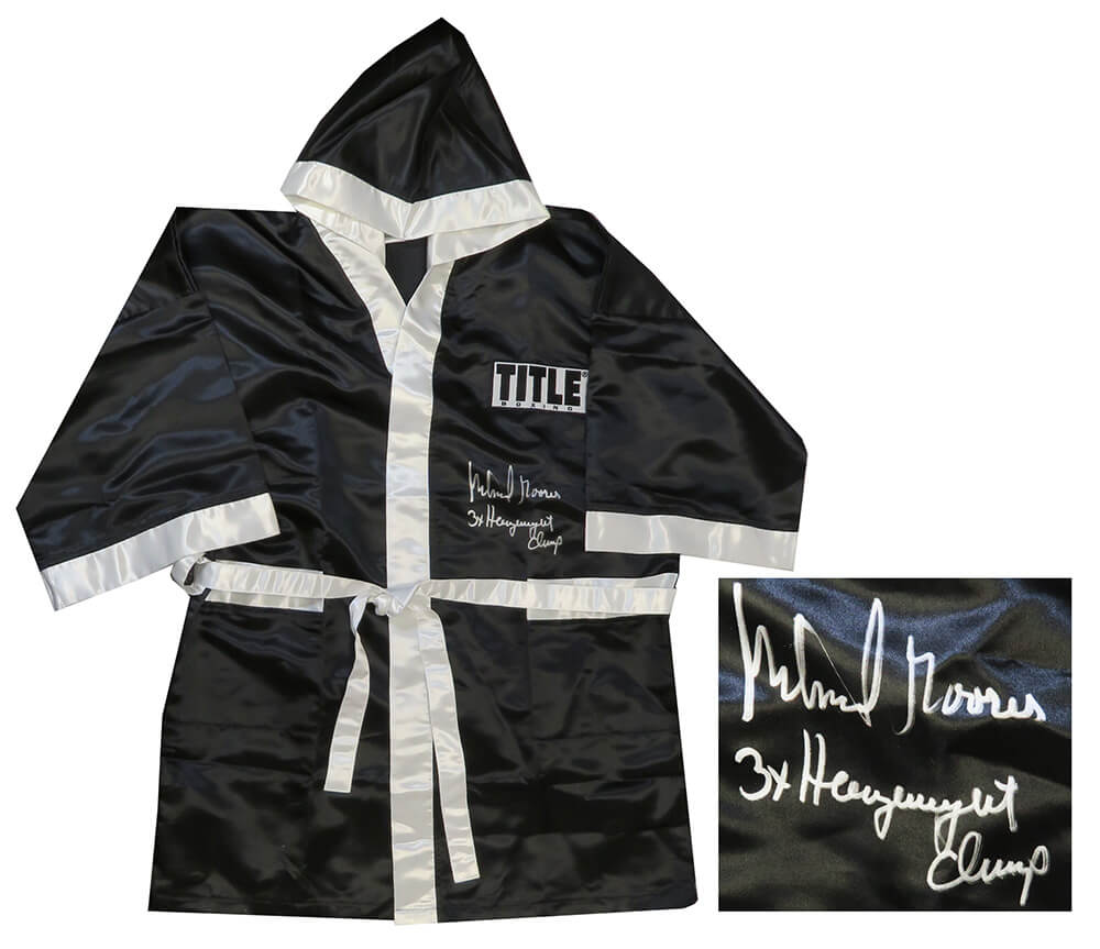 MOOROB502 Michael Moorer Signed Title Black Full Length Boxing Robe with 3x Heavyweight Champs Inscription