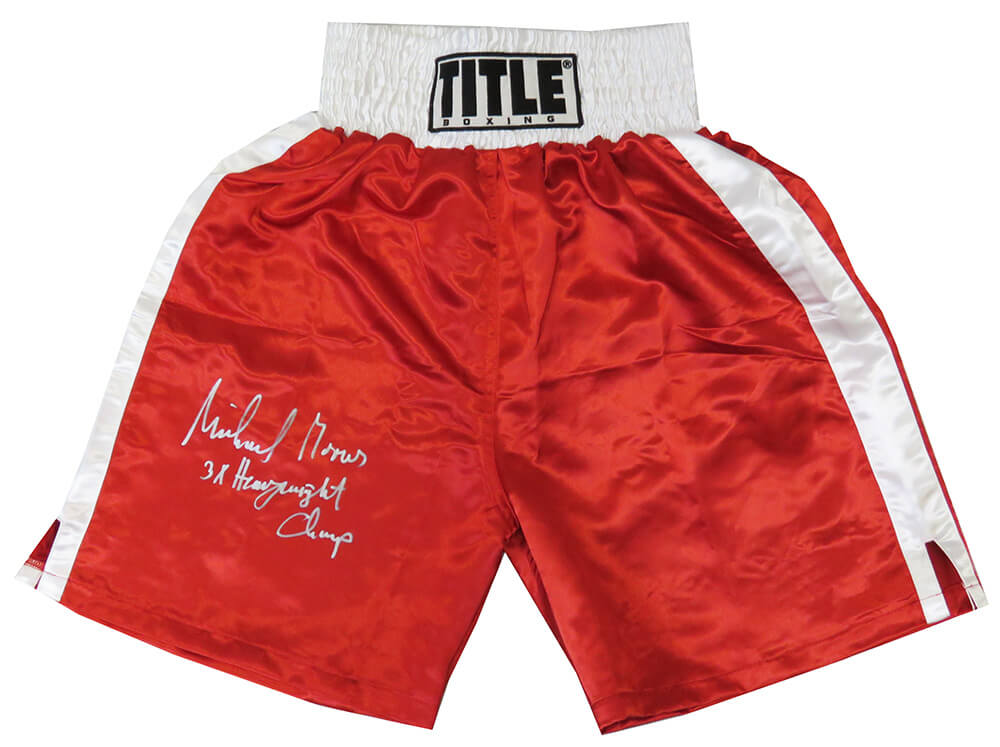 MOOTRU503 Michael Moorer Signed Title Boxing Trunks with 3x Heavyweight Champ, Red