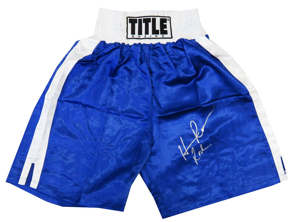 Hasim Rahman Signed Title Waist Boxing Trunks with Rock, Blue & White