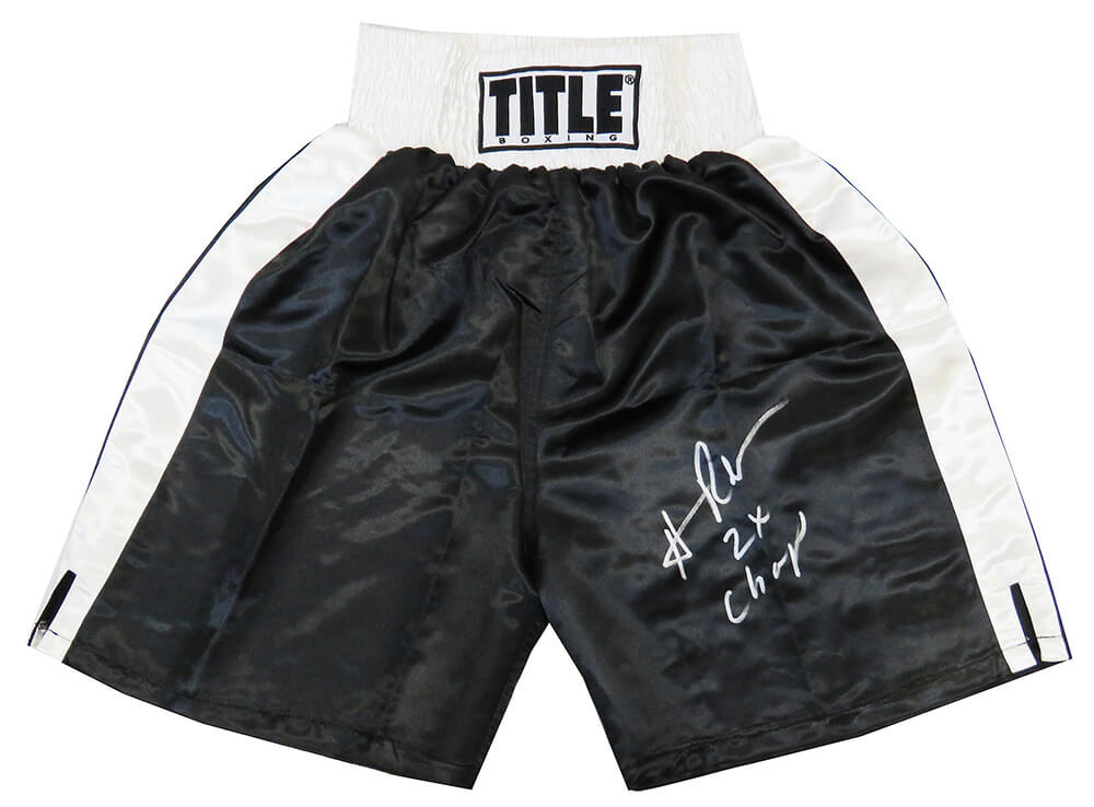 Hasim Rahman Signed Title Waist Boxing Trunks with 2x Champ, Black & White