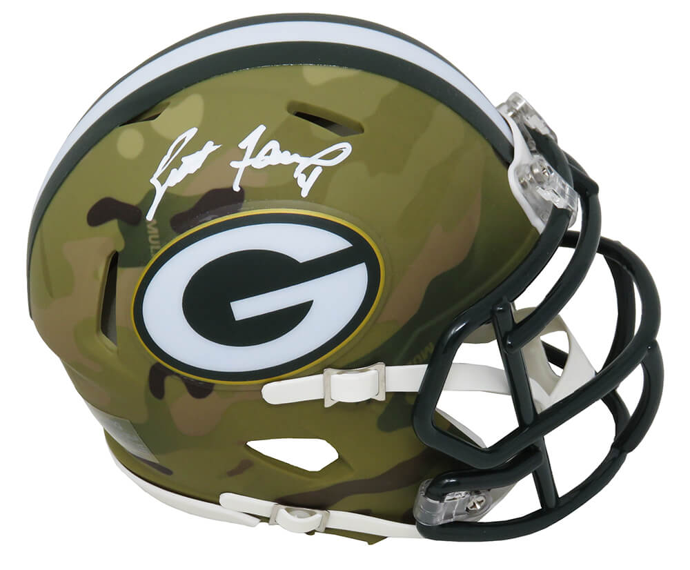 Picture of Schwartz Sports Memorabilia FAVMIN309 Brett Favre Signed Green Bay Packers CAMO Riddell Speed Mini Helmet