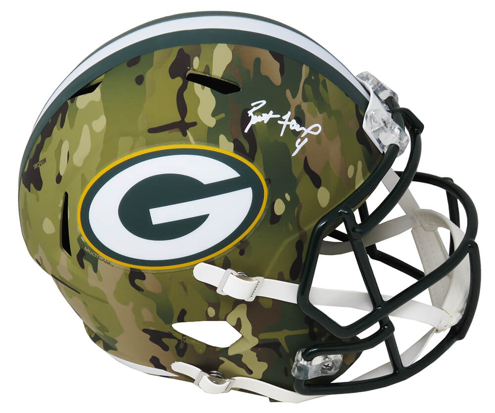 Picture of Schwartz Sports Memorabilia FAVREP311 Brett Favre Signed Green Bay Packers CAMO Riddell Full Size Speed Replica Helmet