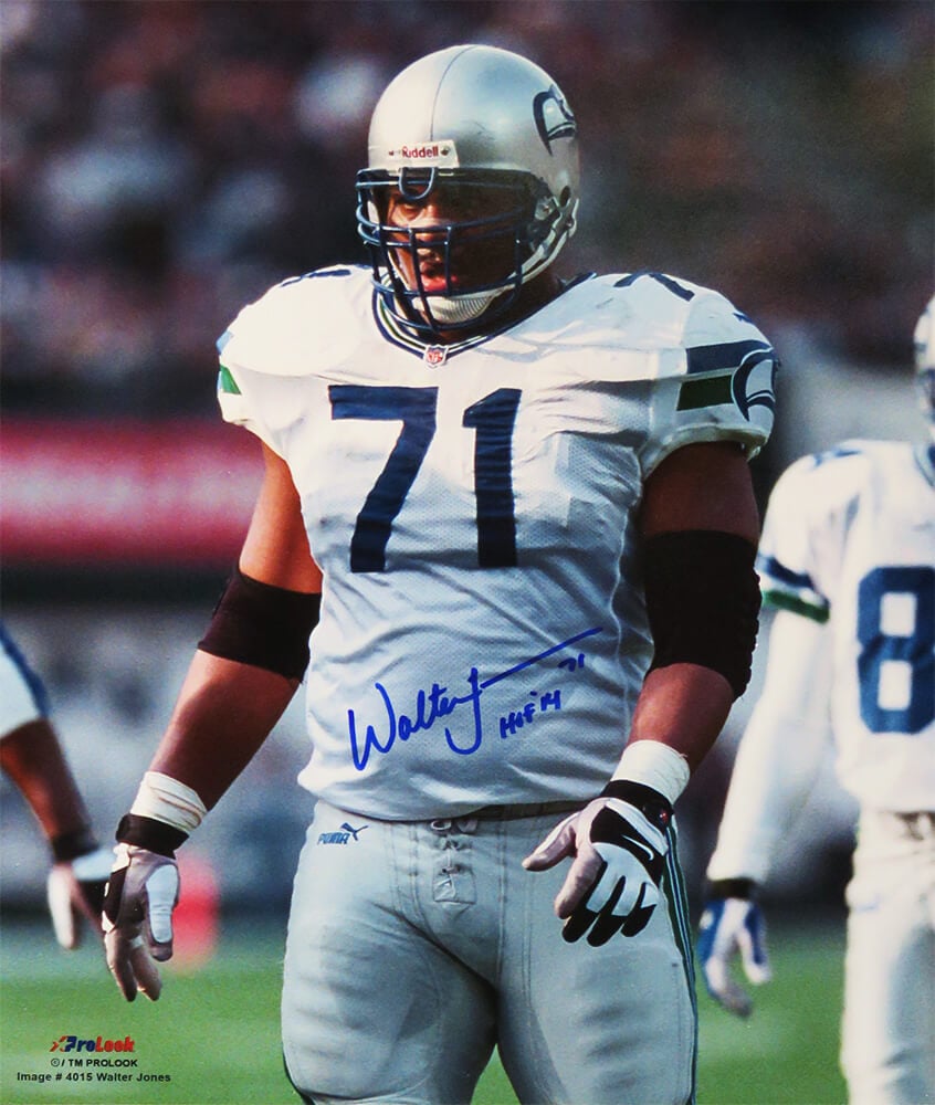 JON16P300 Walter Jones Signed Seattle Seahawks White Jersey Action 16 x 20 in. Photo with HOF 2014