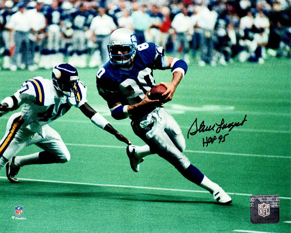 LAR08P303 Steve Largent Signed Seattle Seahawks Football Action 8 x 10 in. Photo with HOF 1995 -  Schwartz Sports Memorabilia