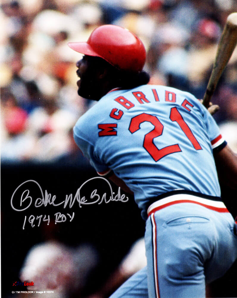 MCB08P100 Bake McBride Signed St Louis Cardinals Action 8 x 10 in. Photo with 1974 ROY -  Schwartz Sports Memorabilia