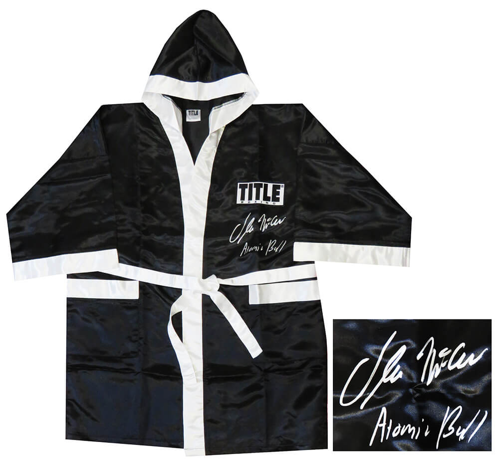 MCCROB500 Oliver McCall Signed Title Black Boxing Robe with Atomic Bull