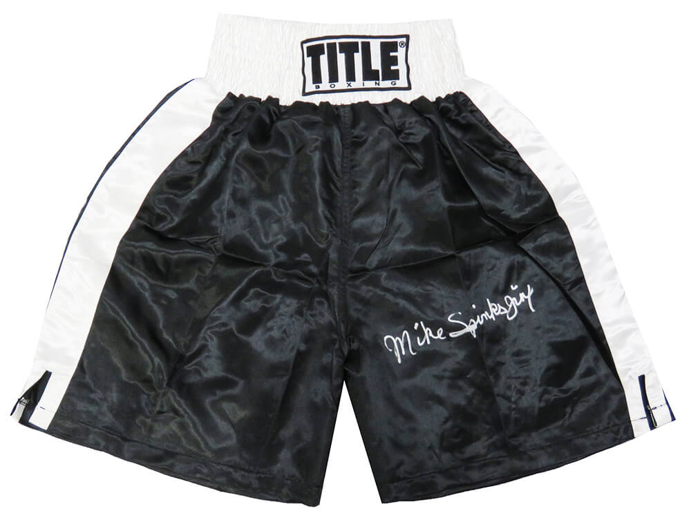 SPITRU513 Michael Mike Spinks Signed Title Black with White Trim Boxing Trunks with Jinx