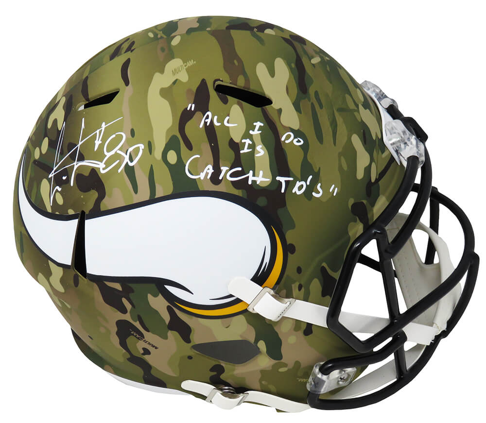 CARREP314 Cris Carter Signed Minnesota Vikings CAMO Riddell Speed Full Size Replica Helmet with All I Do is Catch TDs