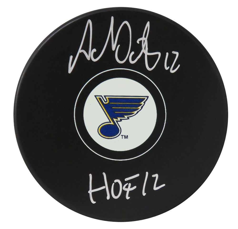 OATPUC405 Adam Oates Signed St Louis Blues Logo Hockey Puck with HOF 12