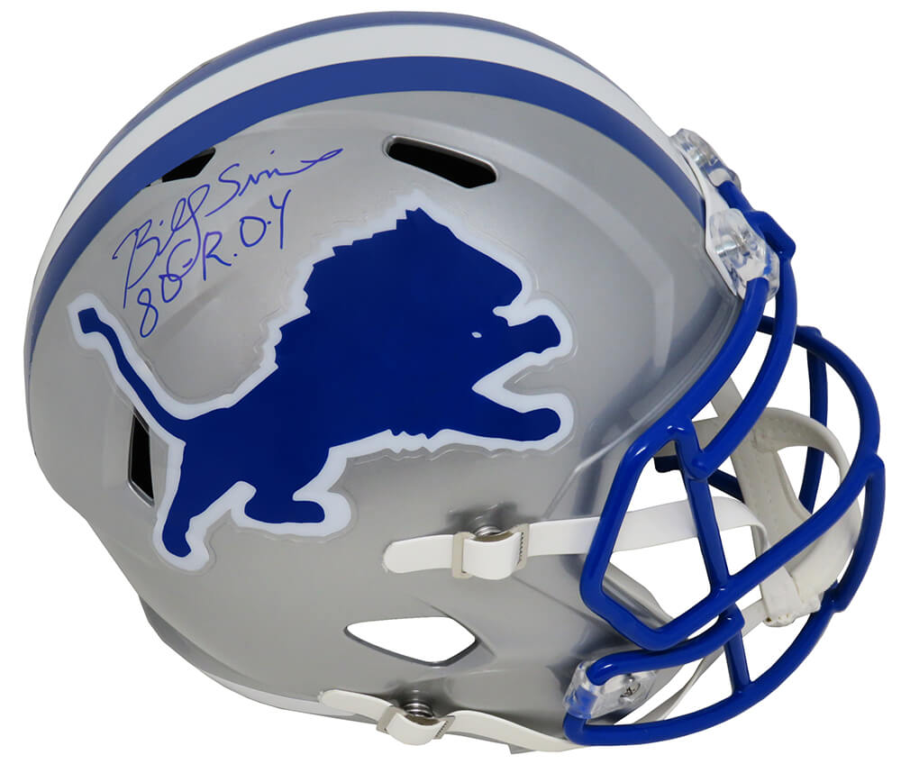 SIMREP305 Billy Sims Signed Detroit Lions Throwback Riddell Full Size Speed Replica Helmet with 80 Roy