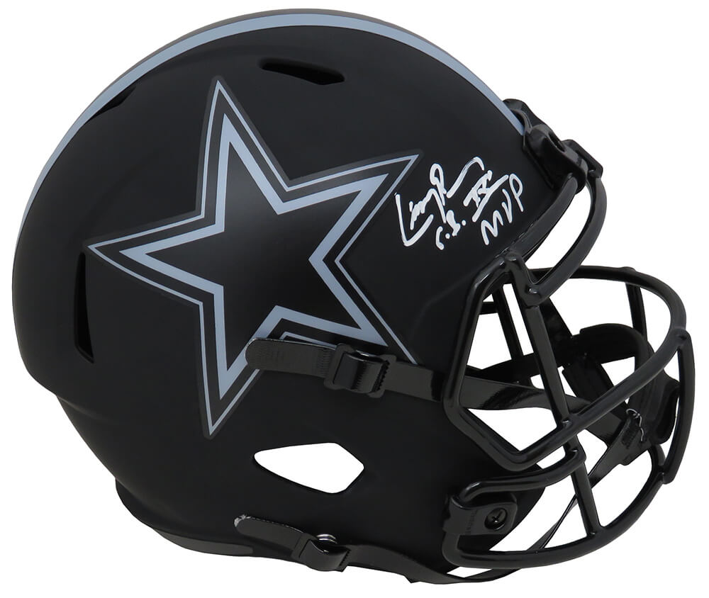 Picture of Schwartz Sports Memorabilia BROREP341 Larry Brown Signed Dallas Cowboys Eclipse Black Matte Riddell Full Size Speed Replica Helmet with SB XXX MVP