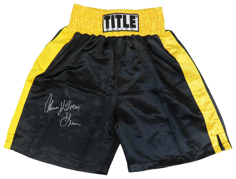 HEATRU503 Thomas Hearns Signed Title with Waist Boxing Trunks with Hitman Inscription, Yellow & Black -  Schwartz Sports Memorabilia